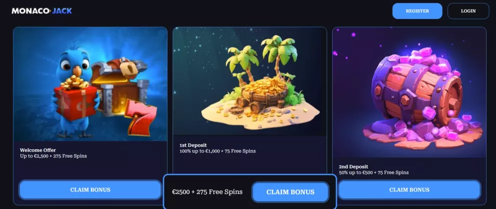 Monaco jack Casino Bonus bis zu 2500 Euro und 275 Freispiele